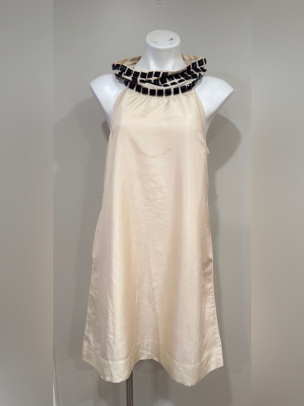 Shimmer Bari byJay Shimmer Cream Silk Halter Dress Beaded Neckline Trapeze Shift